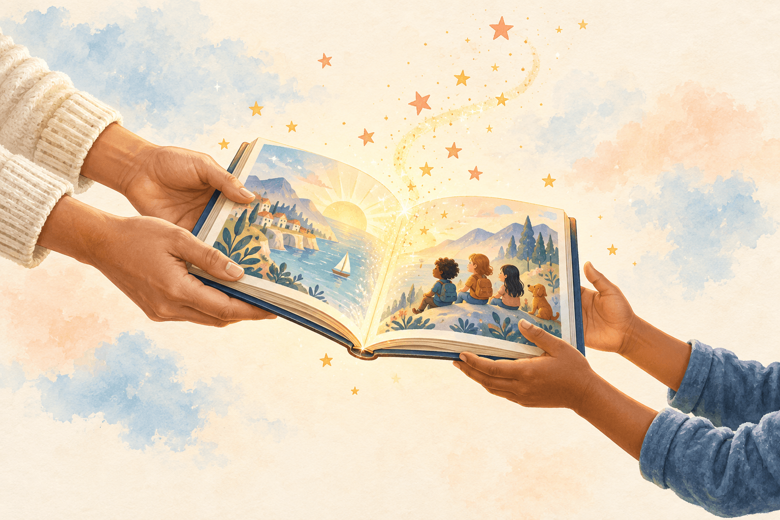 An adult passing a glowing storybook to a young reader